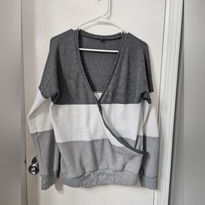 V-Neck Long Sleeve Waffle Texture Gray Tones Shirt